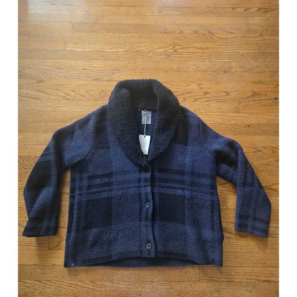 Barefoot Dreams CozyChic Plaid Shearling Cardigan Blue Size Large NWT $228